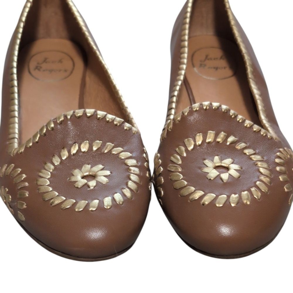 Jack Rogers Waverly brown oak gold leather ballet flats size 9M whipstitch